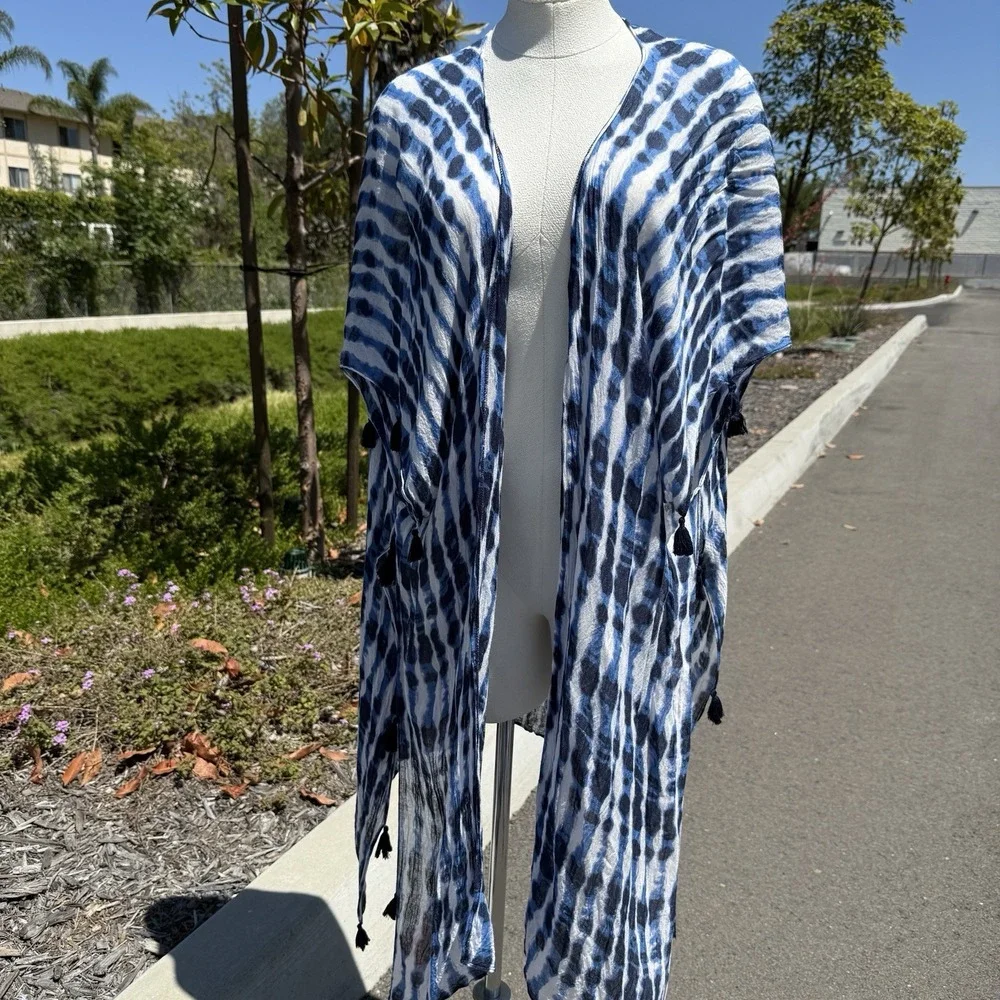 Mudd Swimsuit Coverup Tassels‎ OS Blue Tye Die Boho Vacation Beach Resort Pool